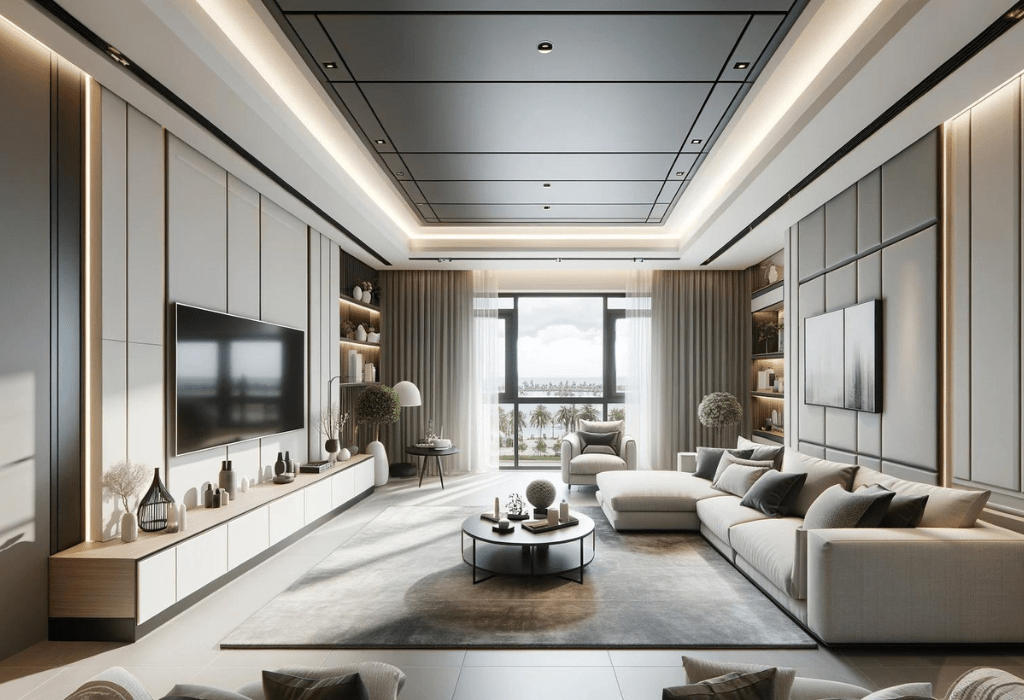 Modern living room with Delby PVC false ceiling and LED lighting