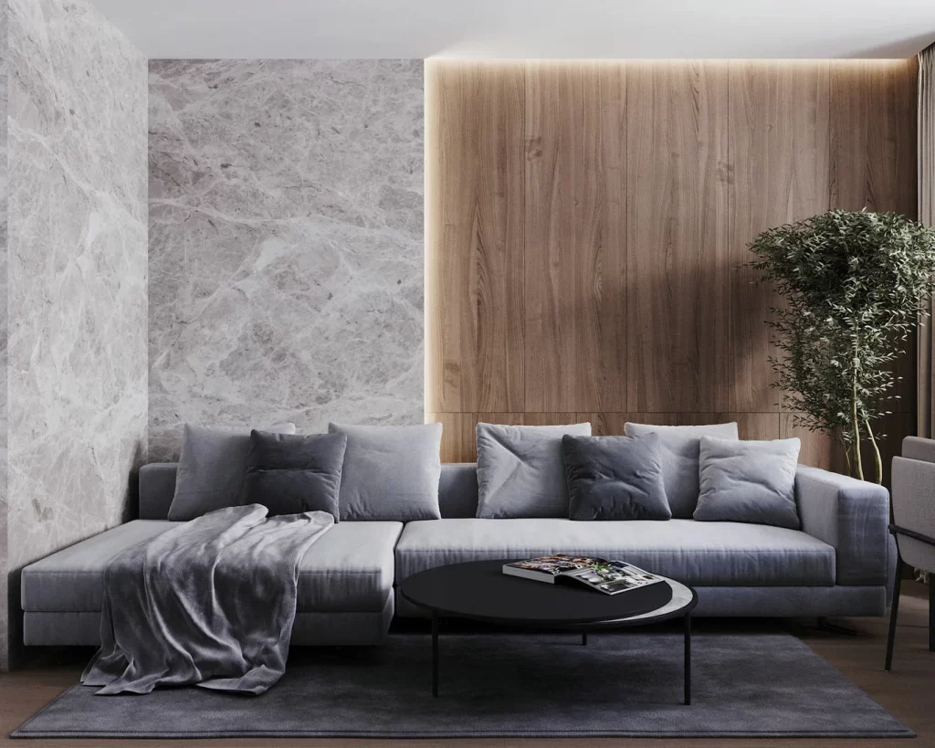 Close-up of durable Assa bamboo charcoal panels in wood veneer finish for sustainable home interiors