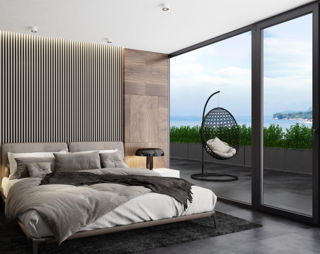 Vertical fluted wall panels in a modern luxury bedroom creating a taller and more refined wall design