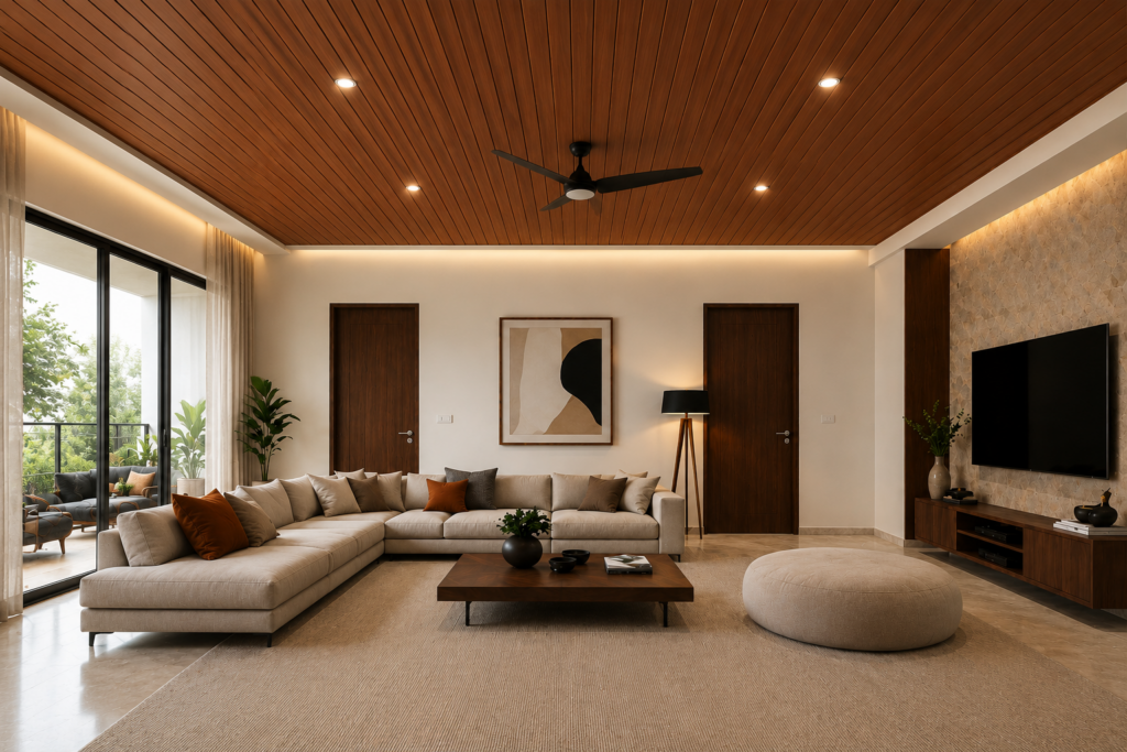 Elegant modern home interior showcasing stylish soffit ceiling panels and PVC ceiling design ideas for 2026.