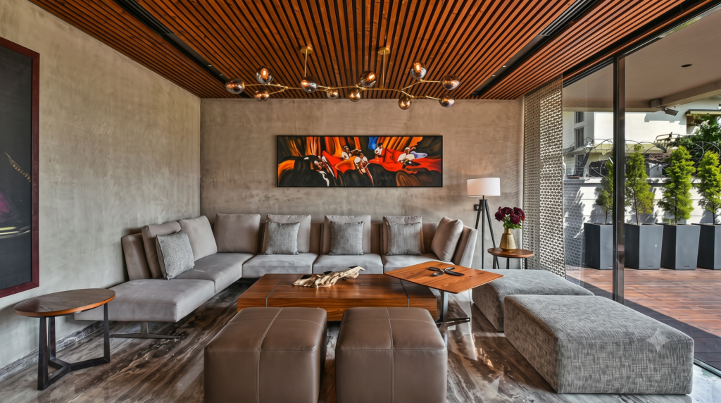 Luxury living room with decorative PVC soffit ceiling, recessed lighting, and contemporary interior design inspiration for modern homes.