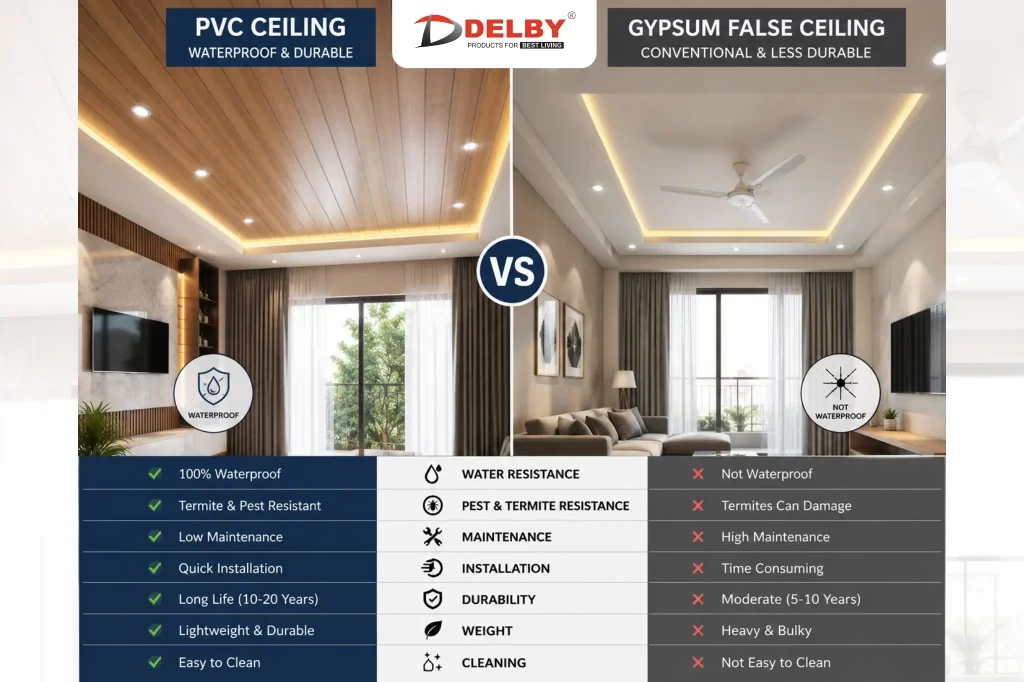PVC ceiling vs gypsum false ceiling comparison