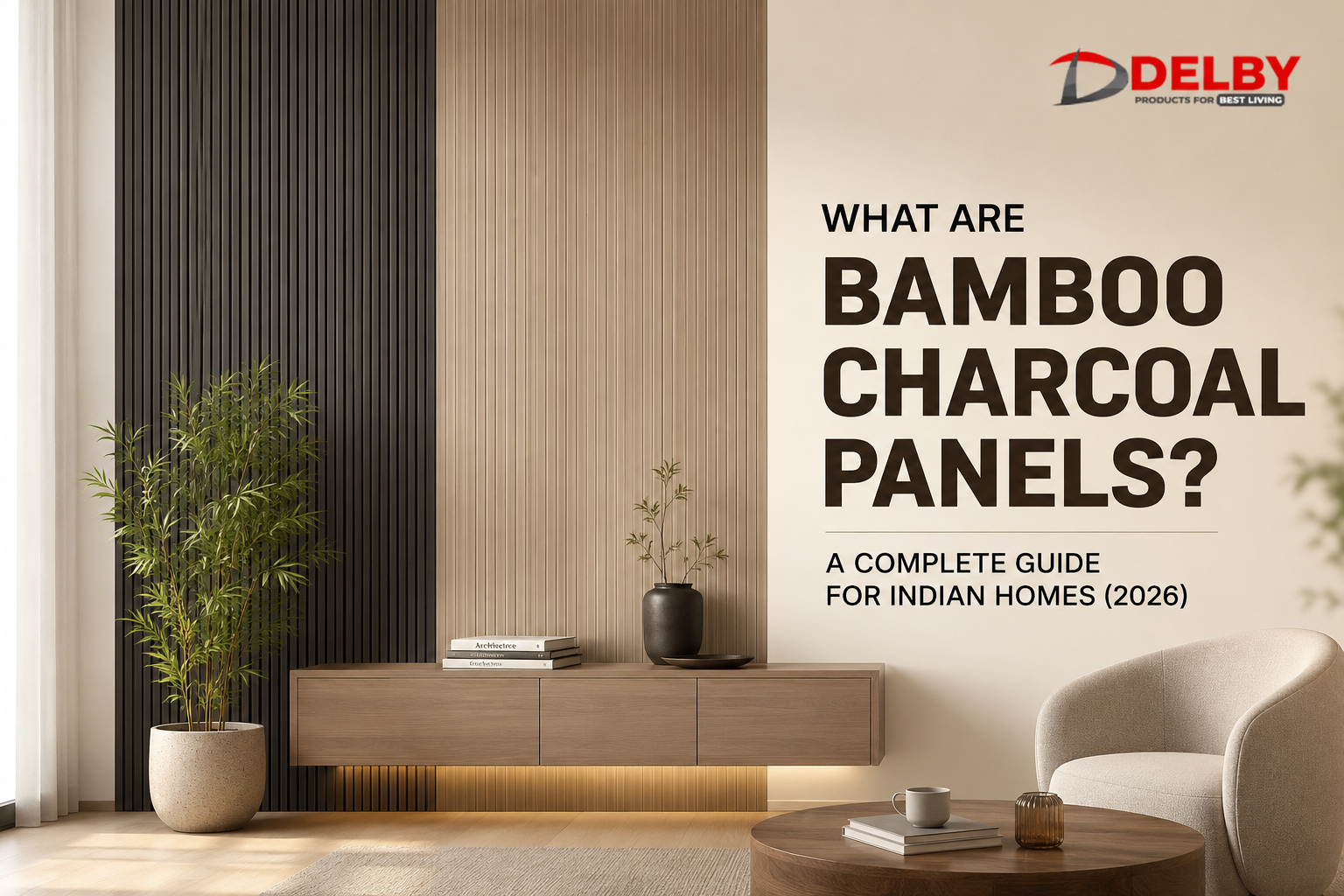 Modern living room featuring bamboo charcoal wall panels with wood finish, showcasing stylish and sustainable interior design for Indian homes.