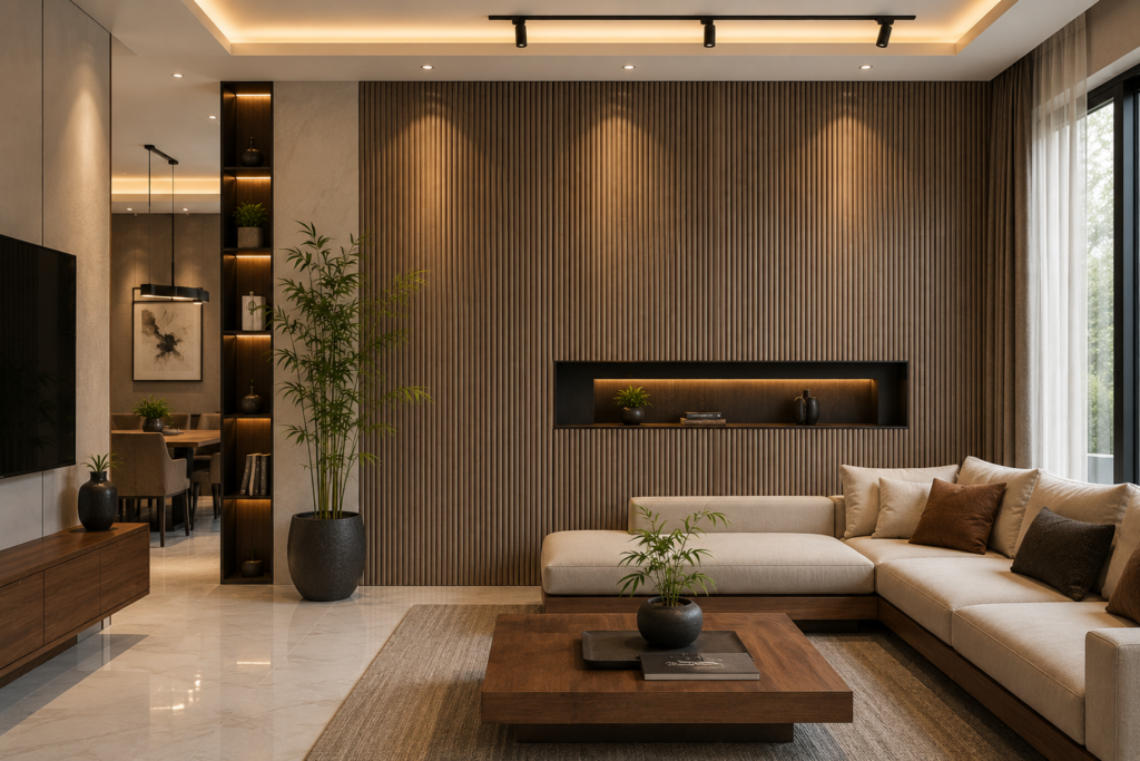 Contemporary interior designed with bamboo charcoal wall panels for stylish, durable, and sustainable homes in India.