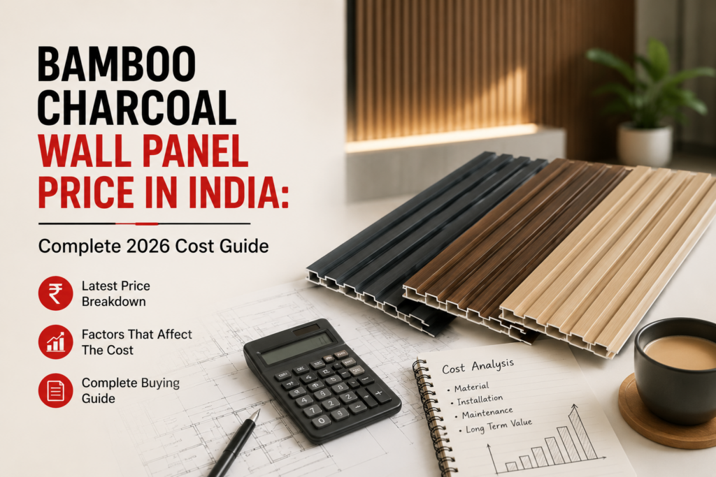 Bamboo charcoal wall panels installed as a living room accent wall in an Indian home