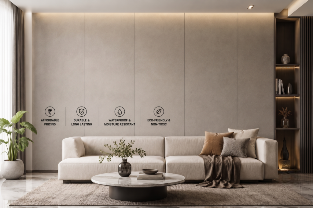 Bamboo charcoal wall panels installed as a living room accent wall in an Indian home