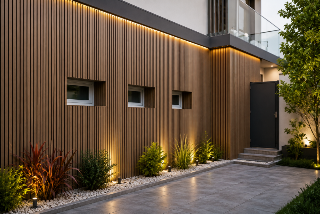 Contemporary building facade with weather-resistant PVC exterior wall cladding panels and landscaped outdoor surroundings.
