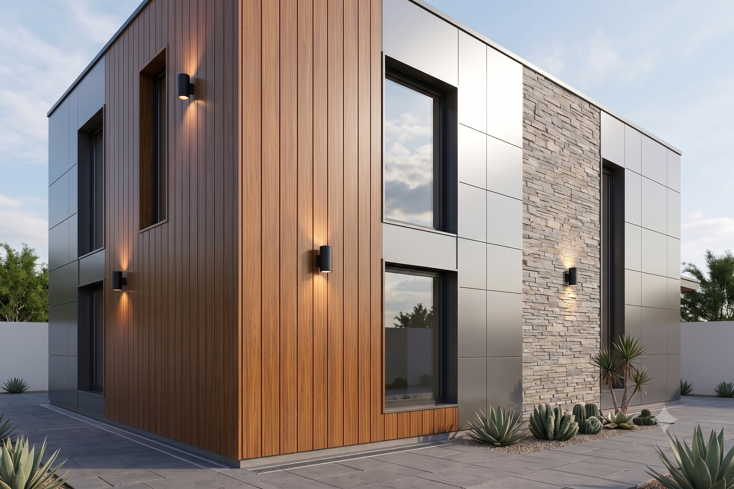 Contemporary architectural elevation with warm fluted wood-look exterior cladding panels, large corner glass windows, and textured stone wall finishes.