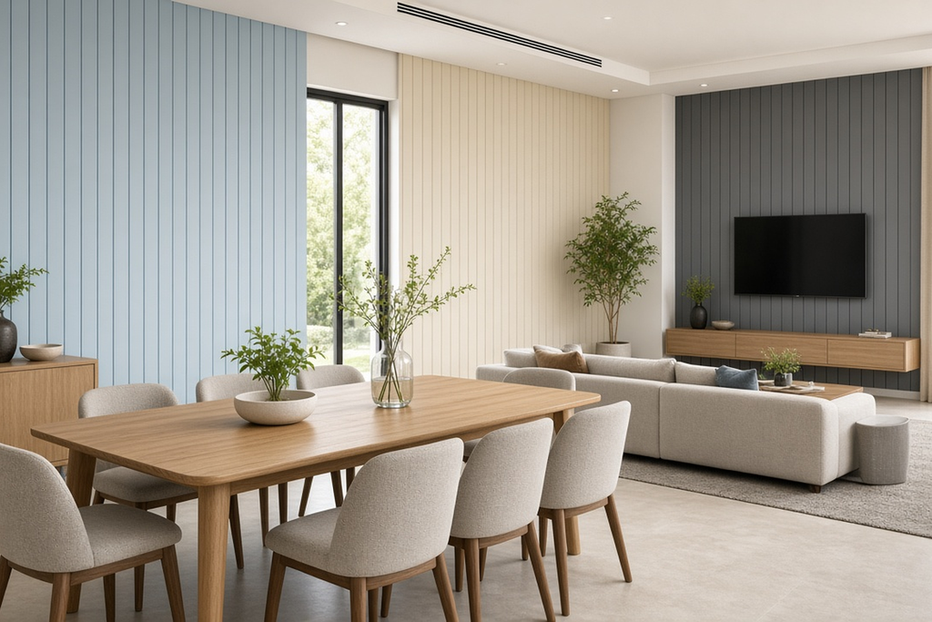 Color palette swatches of Delby Sapphire Series finishes including architectural woodgrains, monochromes, textured neutrals, and marble effects.