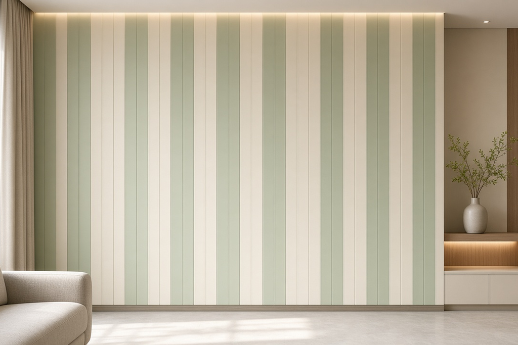 Woodgrain and marble finish Sapphire Series PVC wall panels installed on a residential feature accent wall.