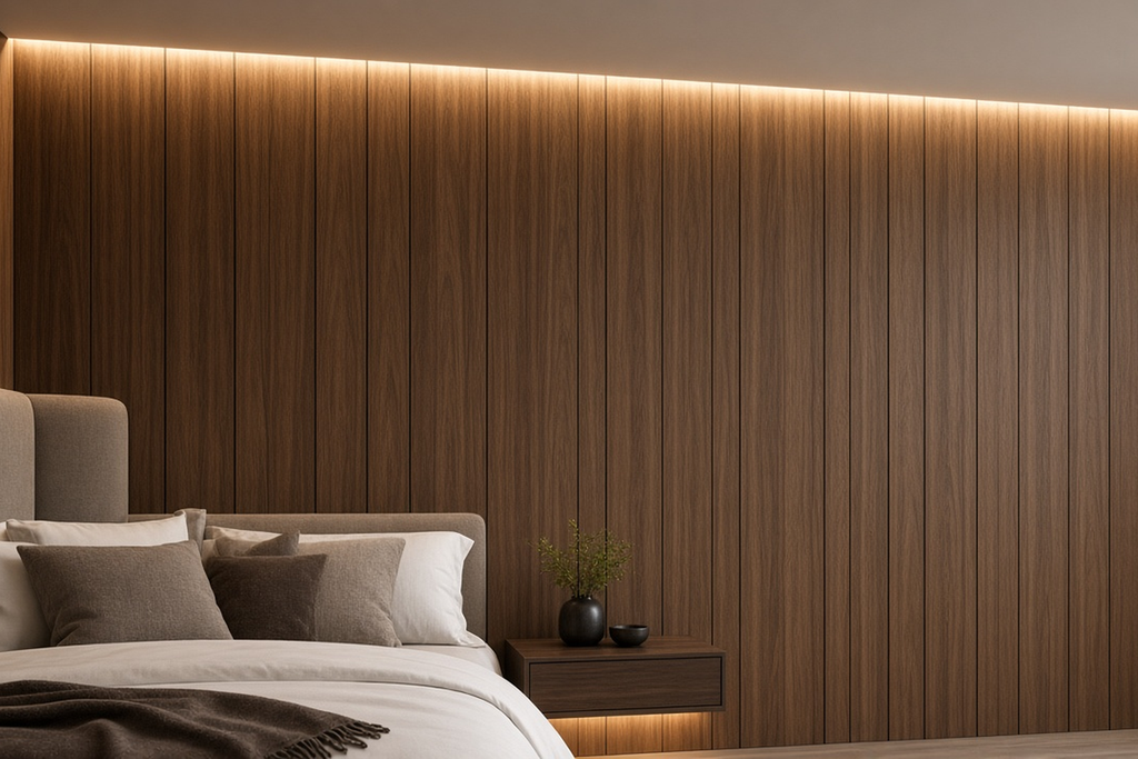 Turnkey installation of interlocking PVC tongue-and-groove wall panels with perimeter edge trims and LED backlighting.