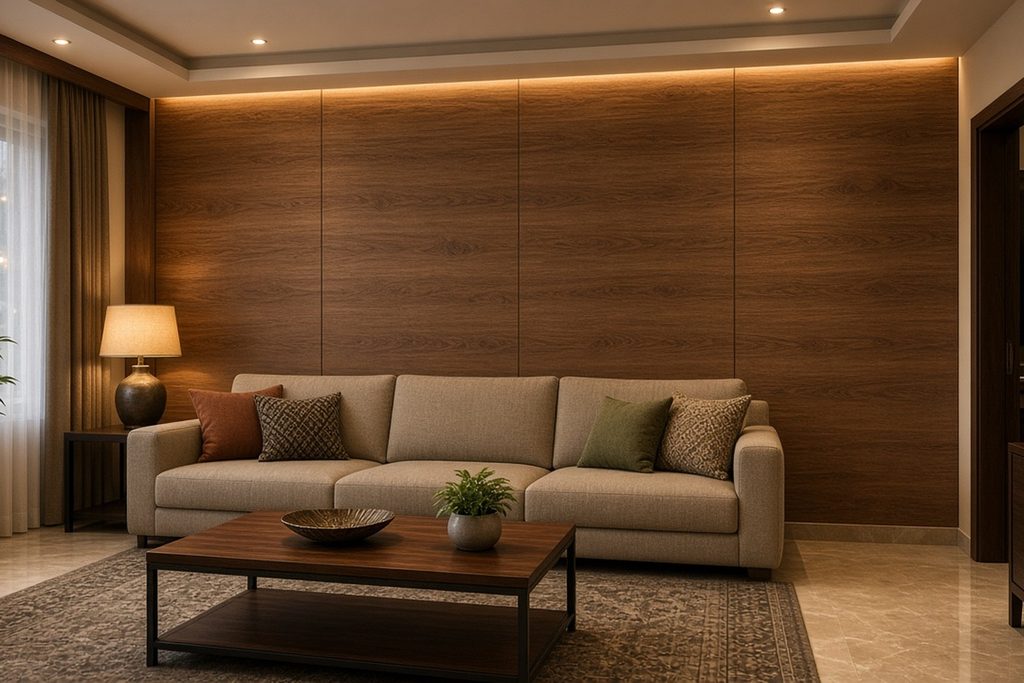 Woodgrain textured PVC panel for wall design used to conceal dampness and flaking paint in a bedroom.